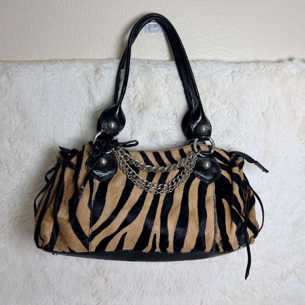 Roberta Gandolfi Italy Zebra Calf Hair Patent Leather Chain Satchel Bag Y2K